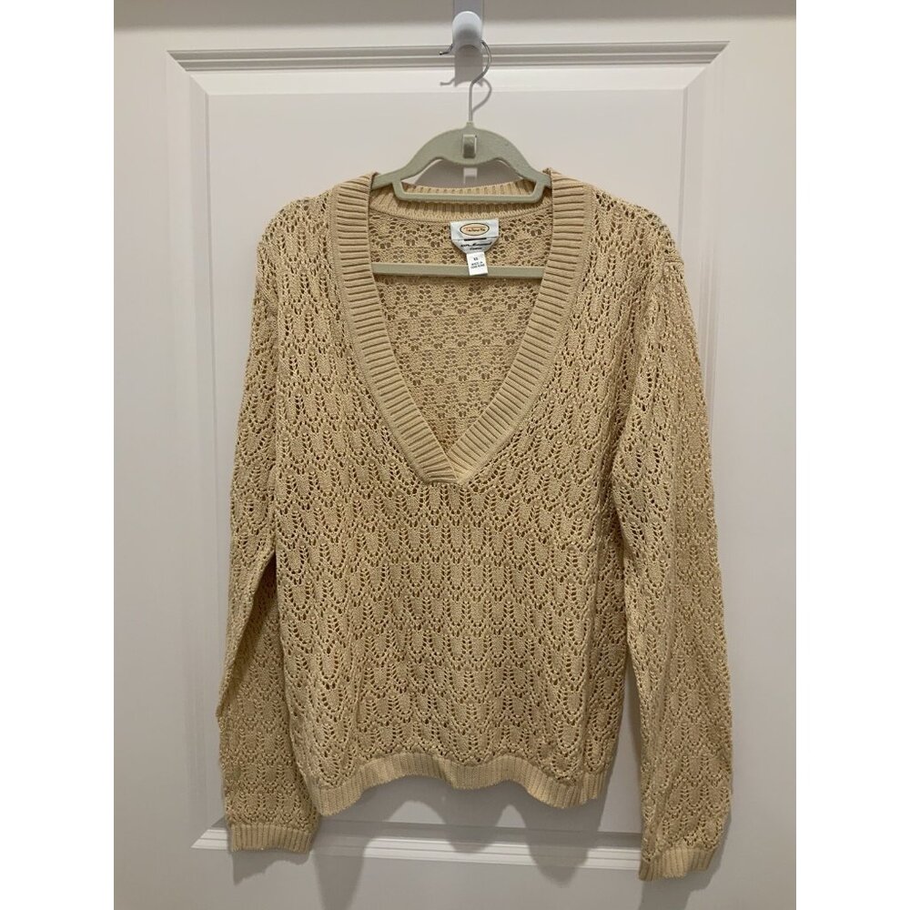Talbots Sweater XL Crochet Lower V-Neckpullover Tan Transitional